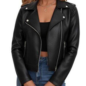 Faux Leather Cropped Moto Jacket Vintage Edgy Biker Style Zip Up Casual